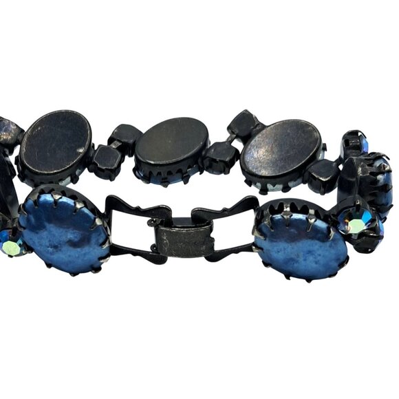 Vintage Regency Rhinestone Bracelet Blue Aurora Borealis Baroque Pearl Unsigned - Picture 3 of 14